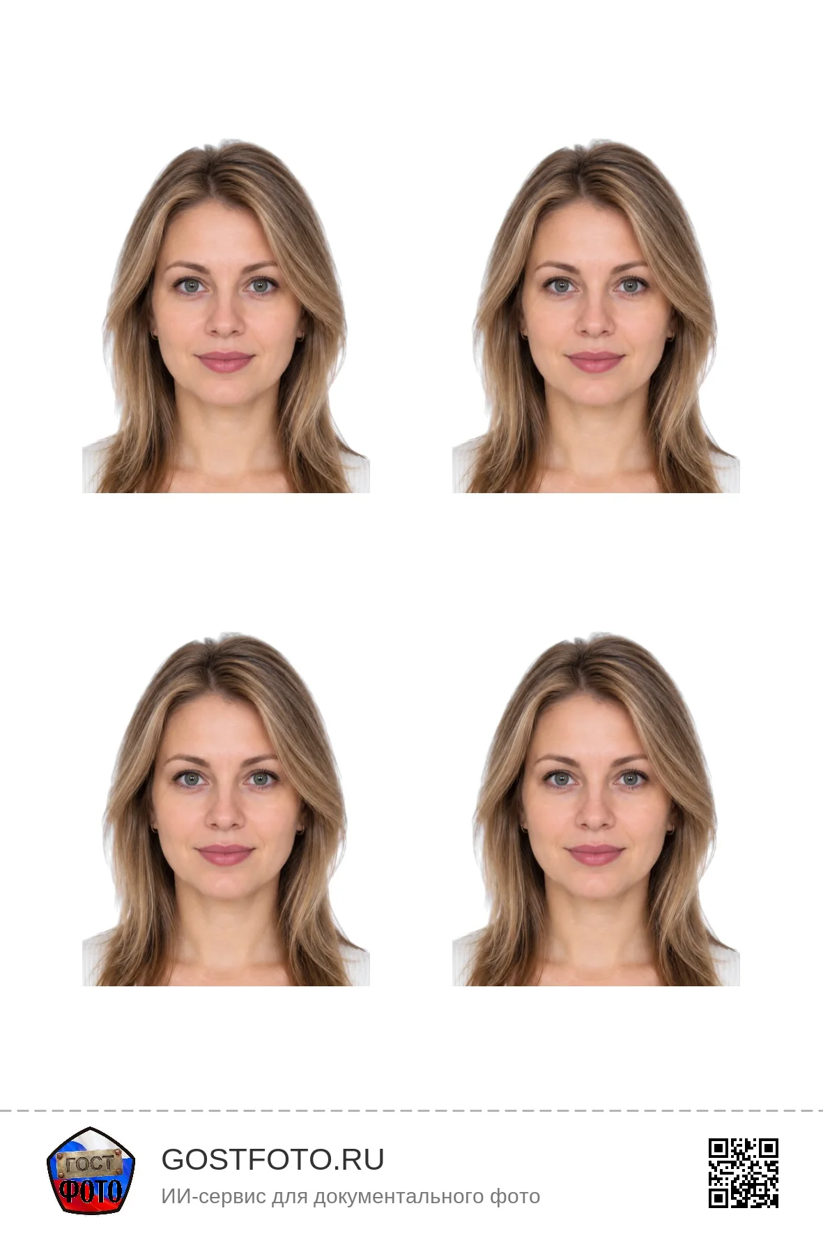 Макет листа 10×15 для печати: четыре фото 35×45 мм с логотипом и QR-кодом gostfoto.ru