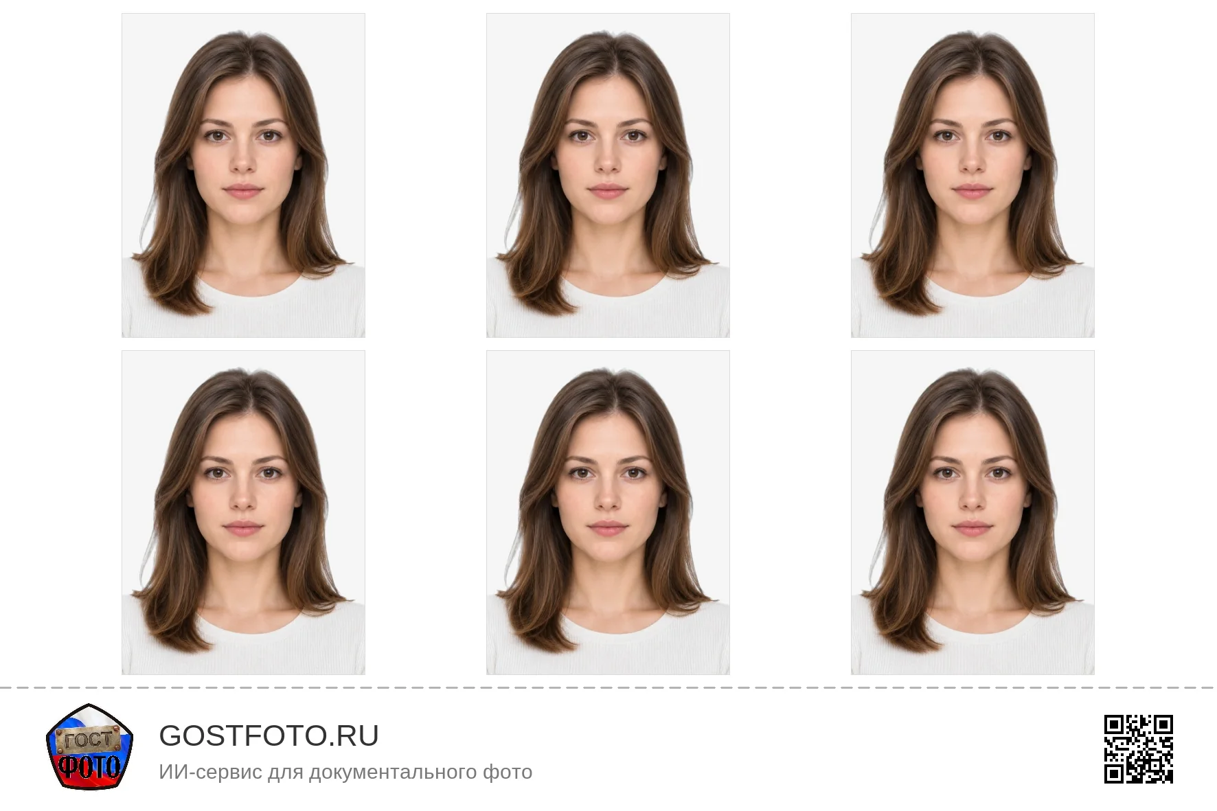 Макет листа: шесть фото 3×4 сеткой с логотипом и QR-кодом gostfoto.ru