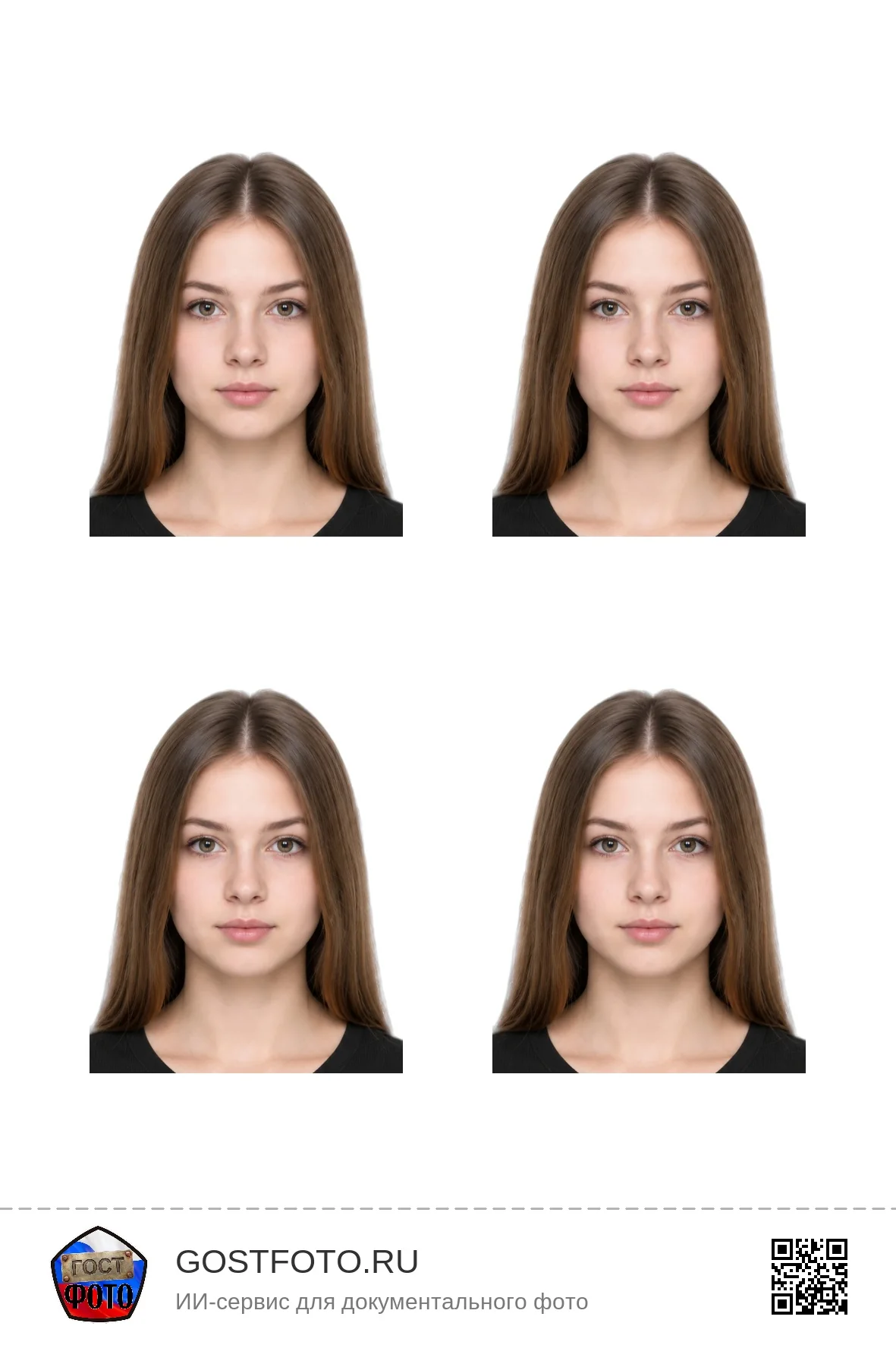 Макет листа для печати: четыре фото 35×45 мм с логотипом и QR-кодом gostfoto.ru